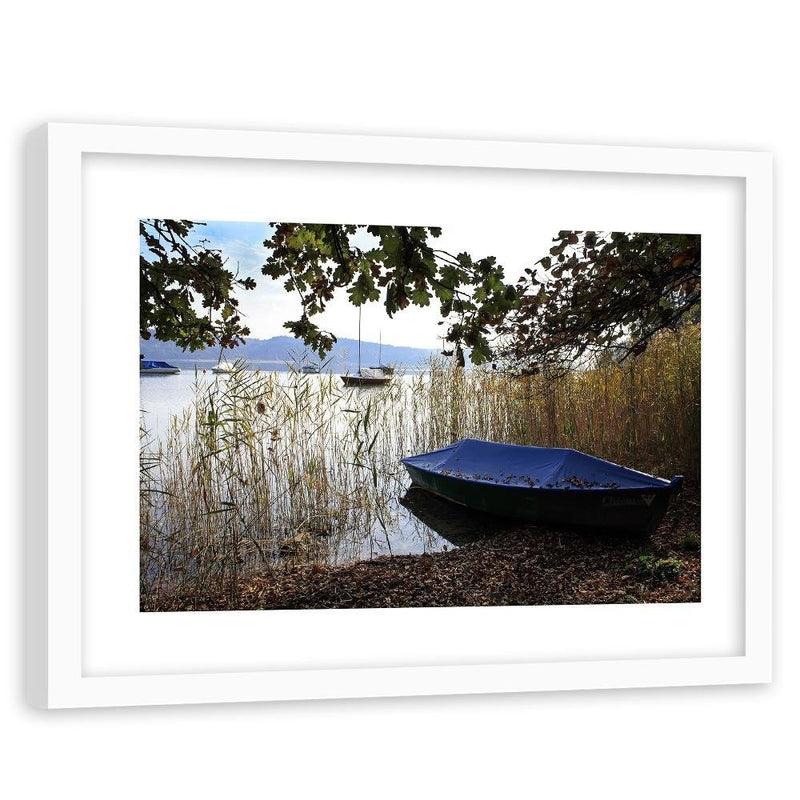 Glezna baltā rāmī - Boats On The Shore Of A Lake 