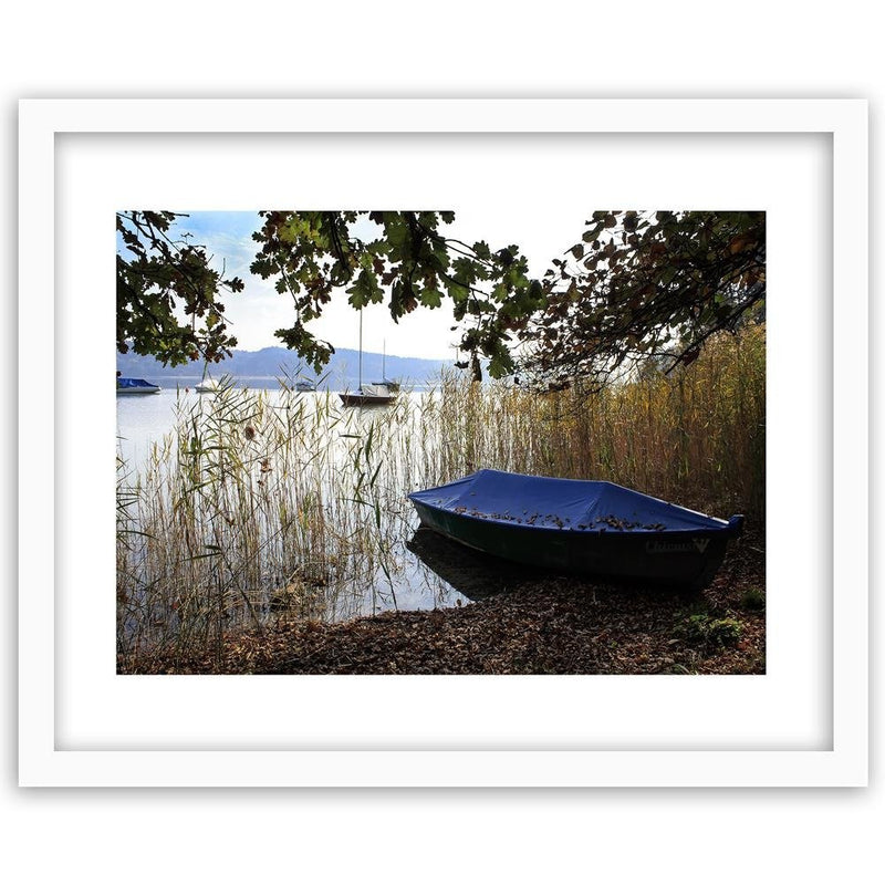 Glezna baltā rāmī - Boats On The Shore Of A Lake 