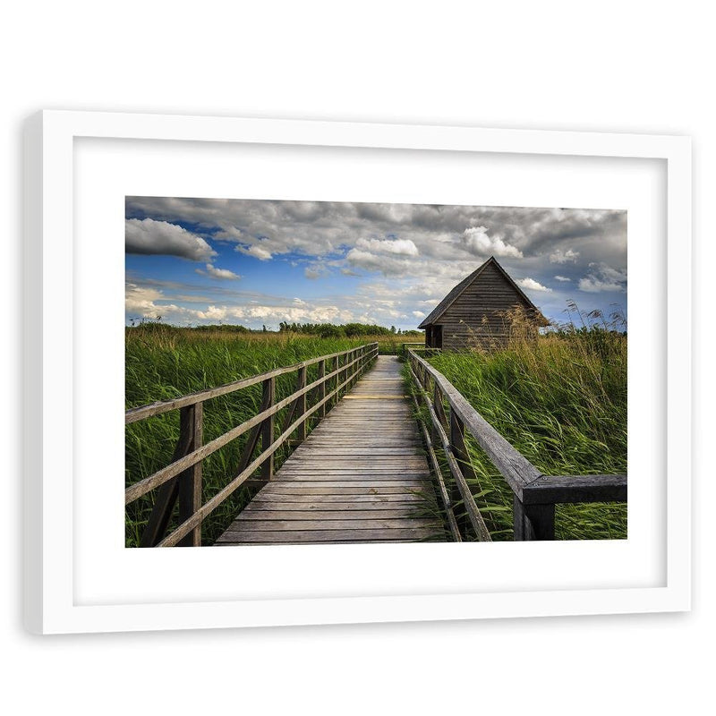 Glezna baltā rāmī - Bridge And Old Hut 