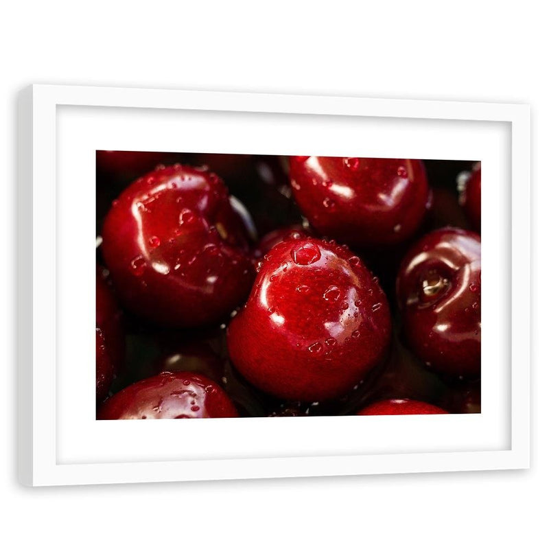 Glezna baltā rāmī - Cherries In Water Drops 