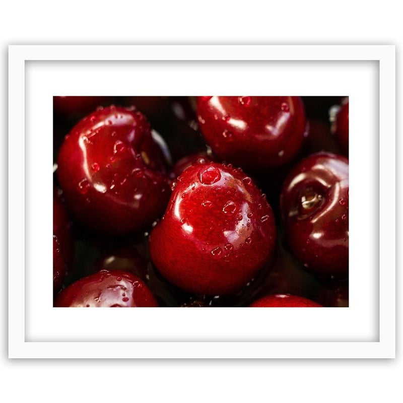 Glezna baltā rāmī - Cherries In Water Drops 