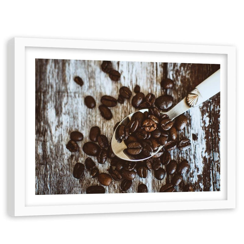 Glezna baltā rāmī - Coffee Beans On A Spoon 