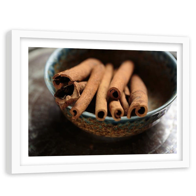 Glezna baltā rāmī - Cinnamon Sticks In A Bowl 