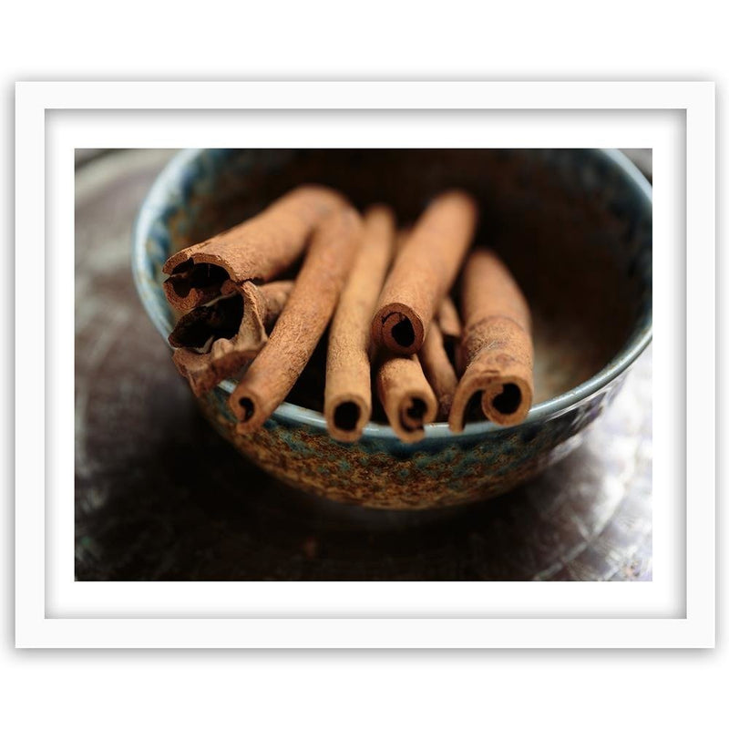 Glezna baltā rāmī - Cinnamon Sticks In A Bowl 