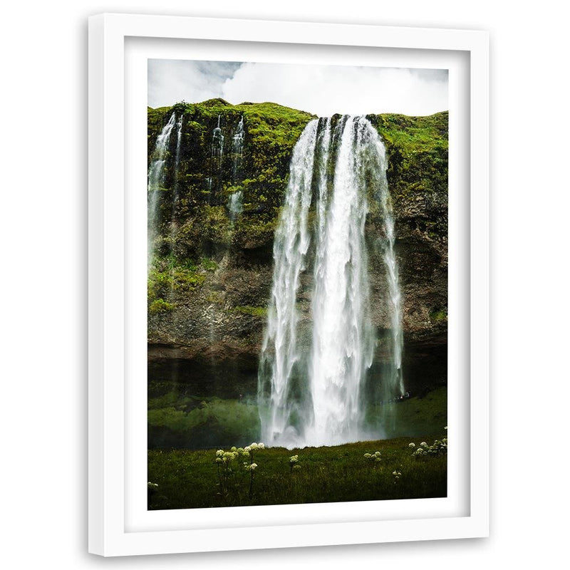 Glezna baltā rāmī - Green Waterfall In The Mountains 