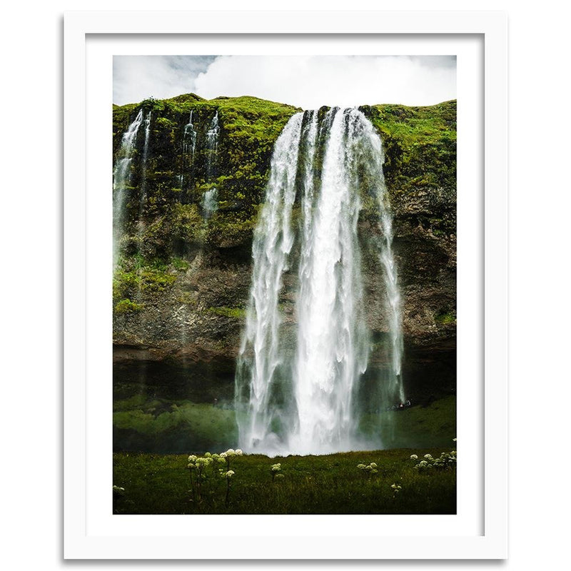 Glezna baltā rāmī - Green Waterfall In The Mountains 