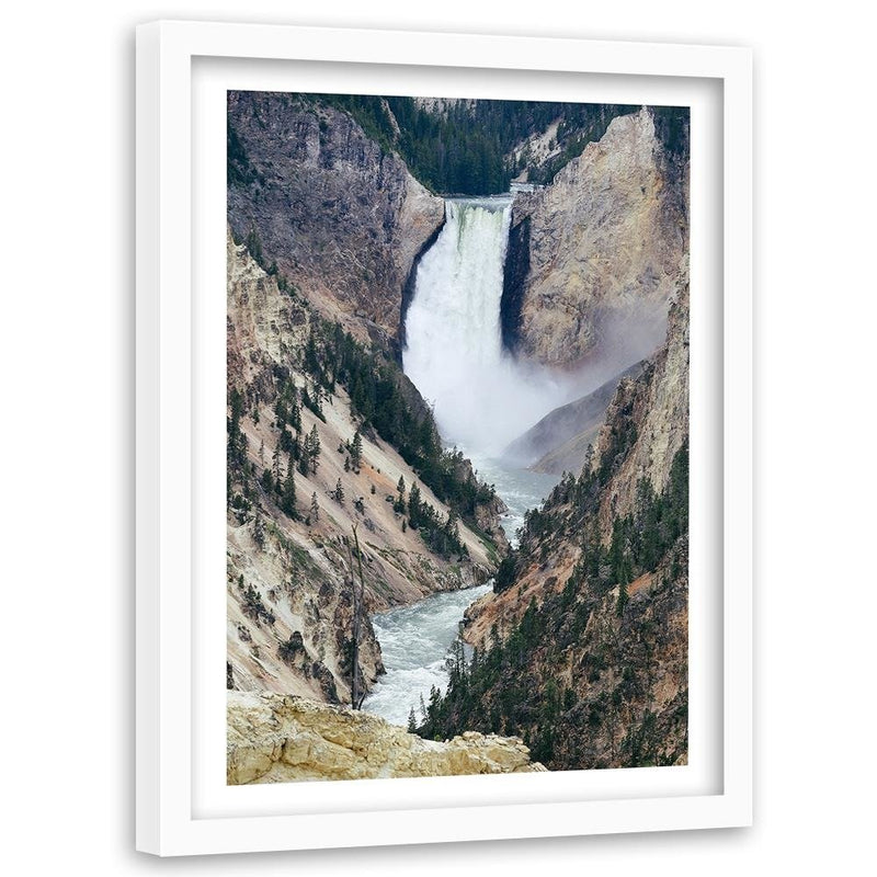 Glezna baltā rāmī - Great Waterfall In The Mountains 