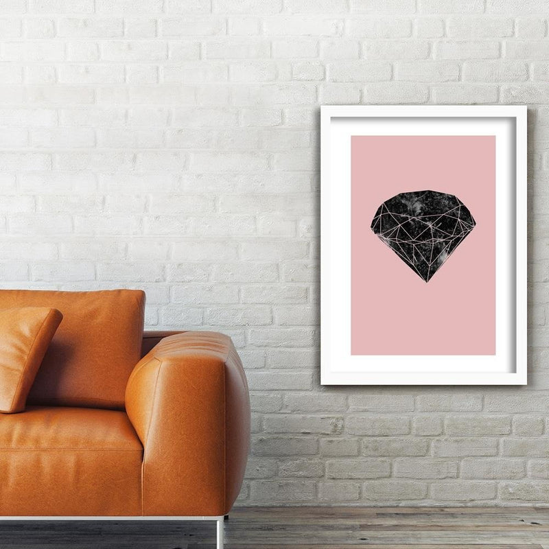 Glezna baltā rāmī - Black Diamond On A Pink Background 