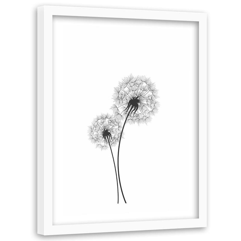 Glezna baltā rāmī - Drawn Two Dandelions 