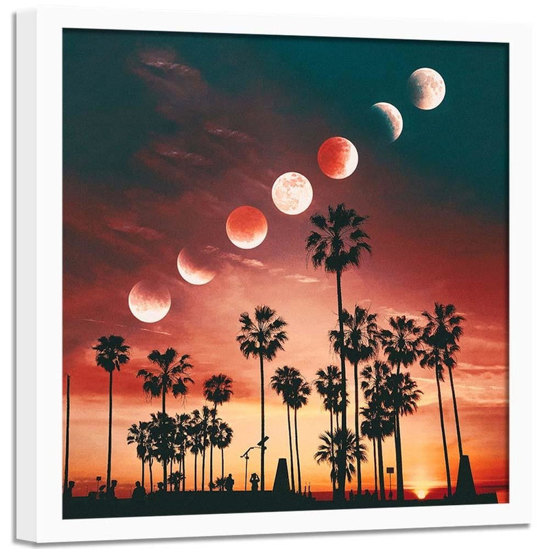 Glezna baltā rāmī - Phases Of The Moon Over Palm Trees 