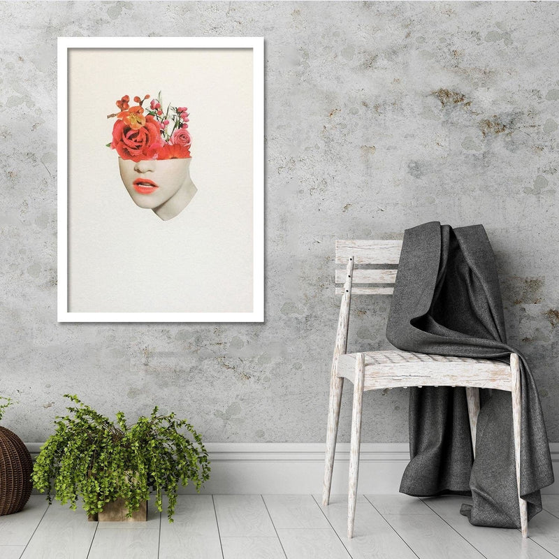 Glezna baltā rāmī - Woman Face With Red Roses  Home Trends DECO