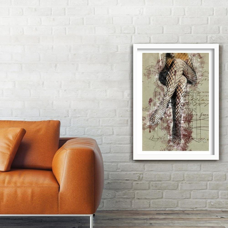 Glezna baltā rāmī - Woman's Legs In Fishnets Abstraction  Home Trends DECO