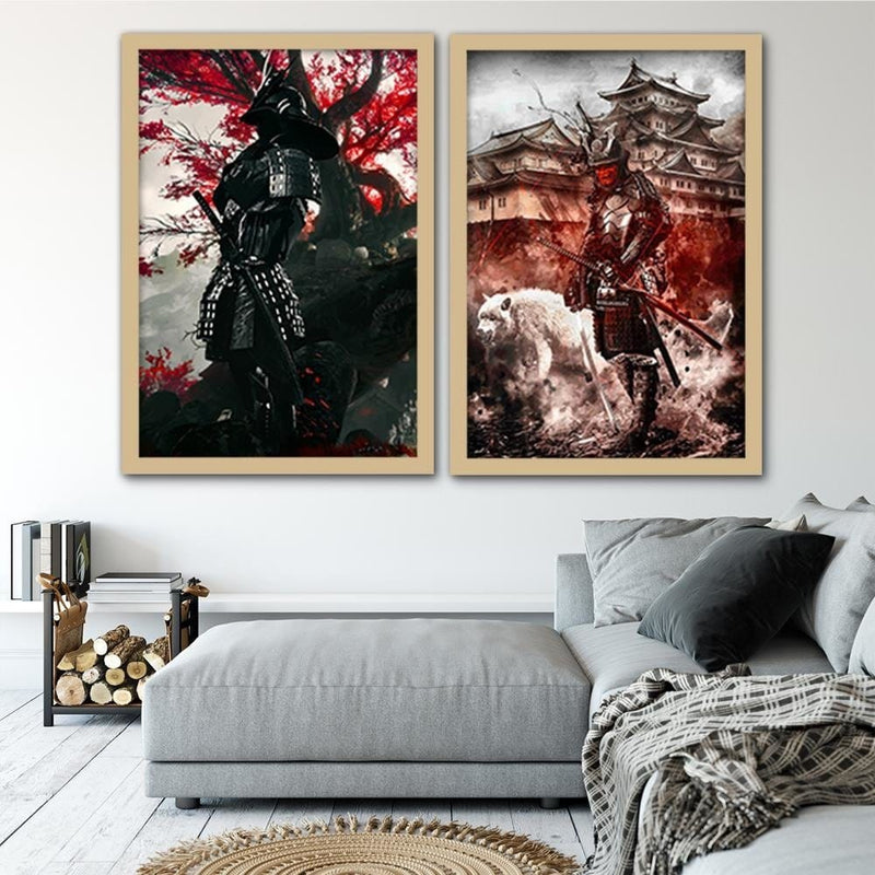 Glezna bēšā rāmī - Samurai And White Wolf  Home Trends DECO