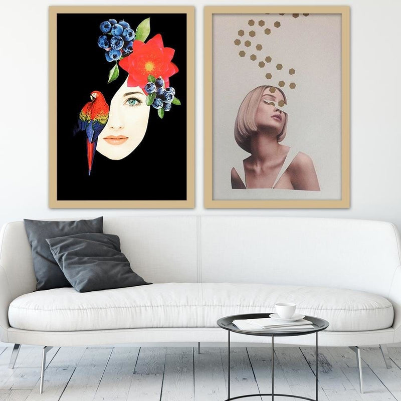 Glezna bēšā rāmī - Woman Face With Flowers  Home Trends DECO