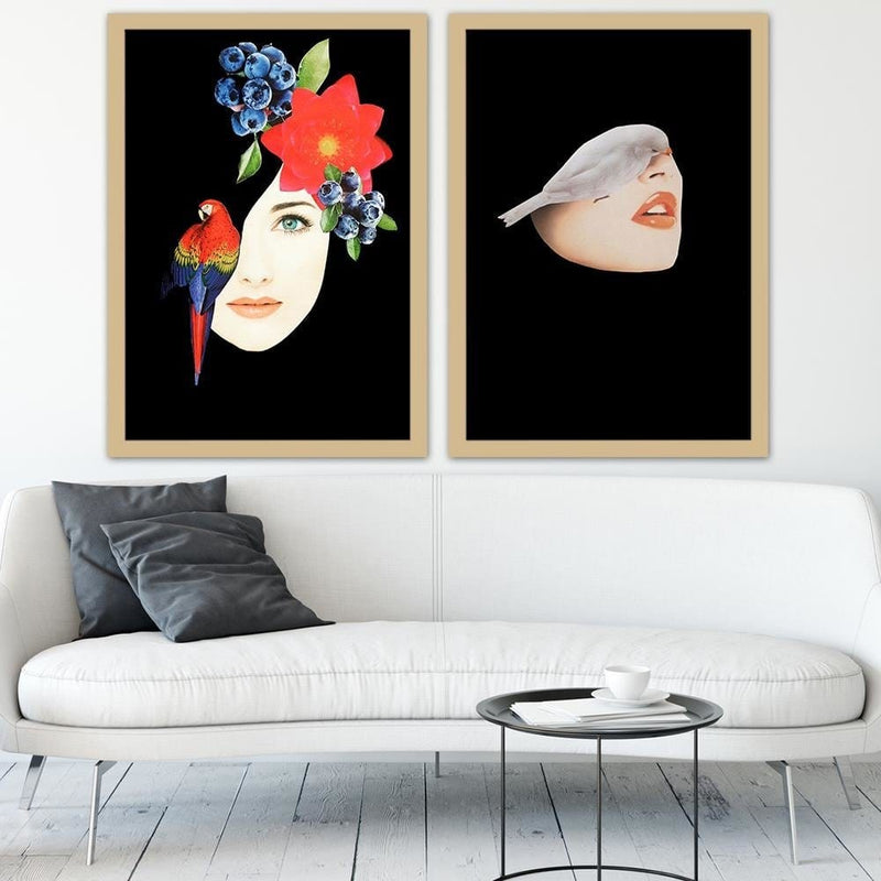 Glezna bēšā rāmī - Woman With Bird Black  Home Trends DECO