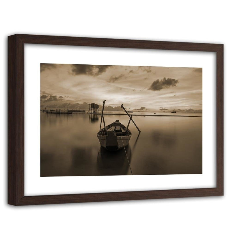 Glezna brūnā rāmī - Boat On Calm Lake 1  Home Trends DECO