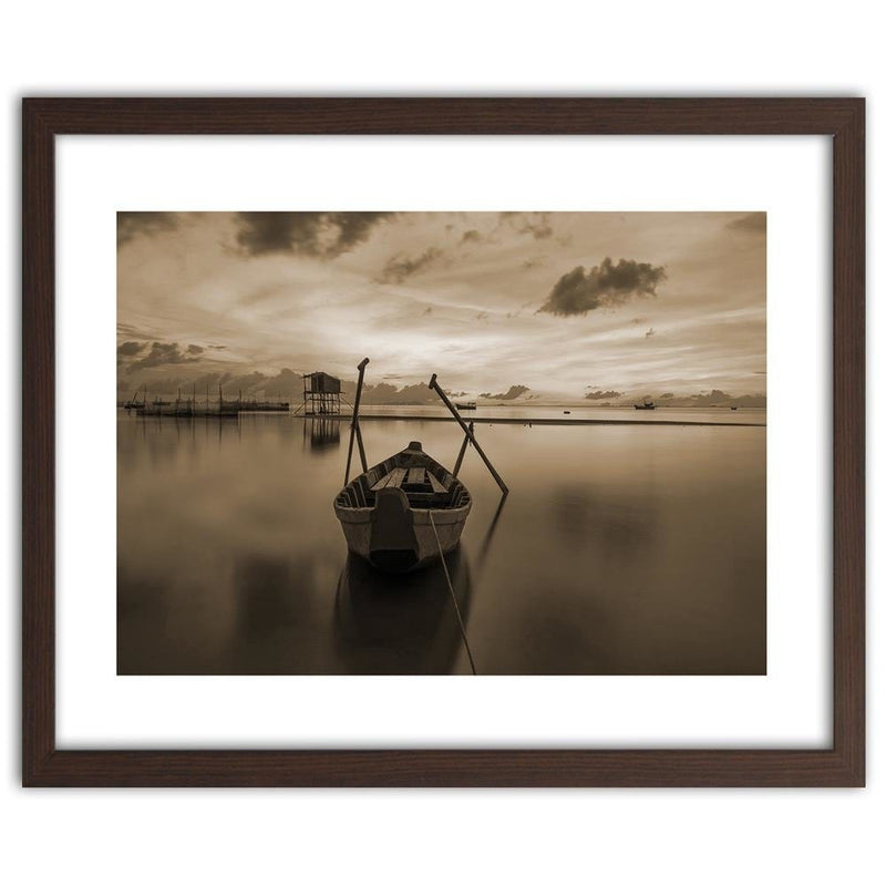 Glezna brūnā rāmī - Boat On Calm Lake 1  Home Trends DECO