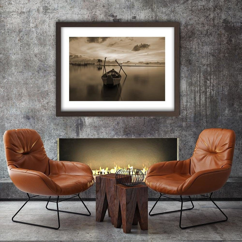 Glezna brūnā rāmī - Boat On Calm Lake 1  Home Trends DECO