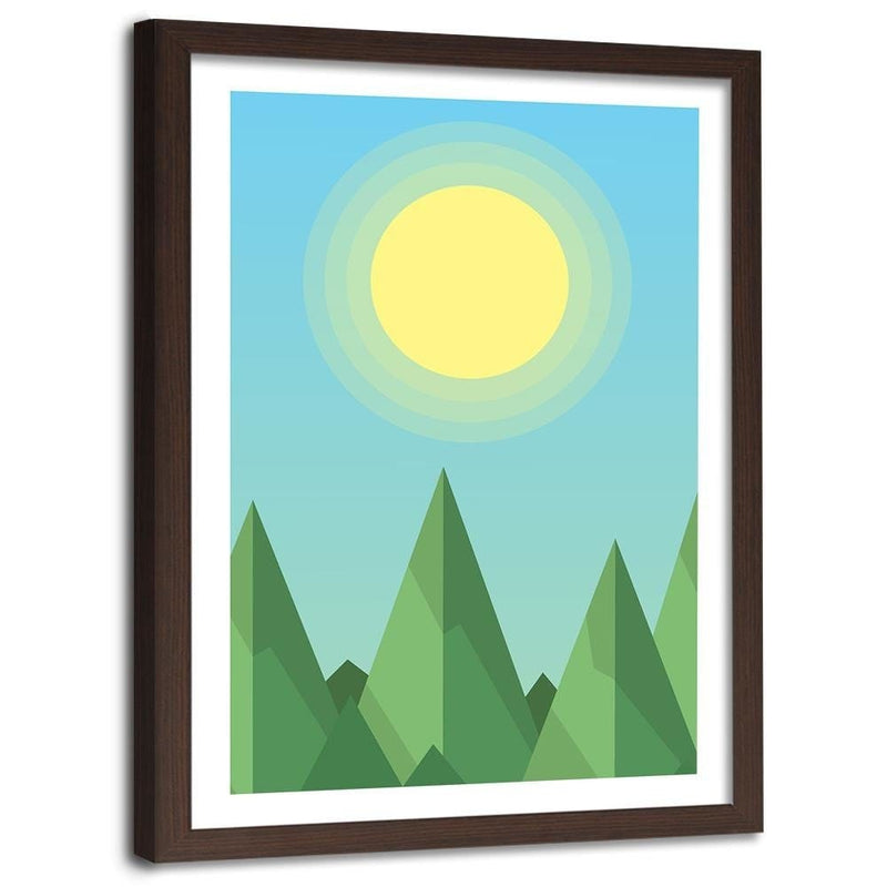 Glezna brūnā rāmī - Geometric Forest Landscape With The Sun  Home Trends DECO