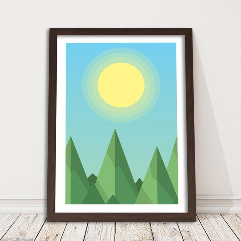 Glezna brūnā rāmī - Geometric Forest Landscape With The Sun  Home Trends DECO