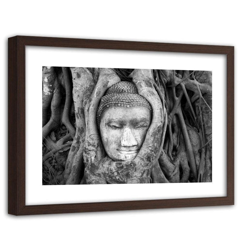 Glezna brūnā rāmī - Head Of Buddha In Tree  Home Trends DECO