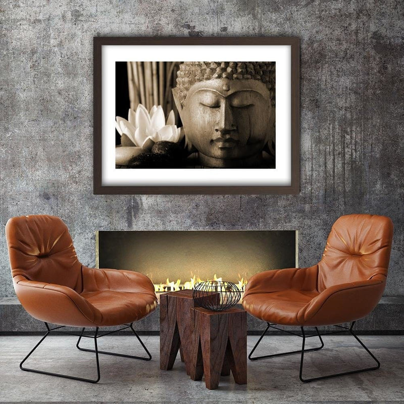 Glezna brūnā rāmī - Head Of Buddha With Lily  Home Trends DECO