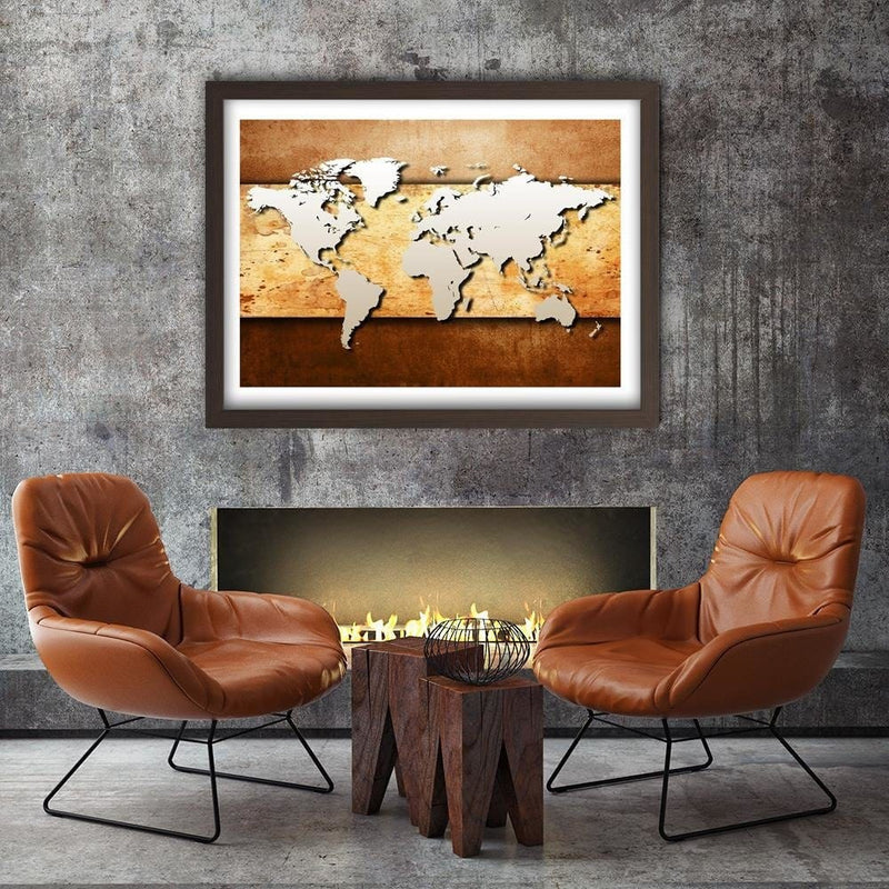 Glezna brūnā rāmī - Map Of The World On Board  Home Trends DECO