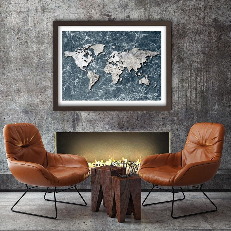 Glezna brūnā rāmī - Map Of The World On Marble  Home Trends DECO