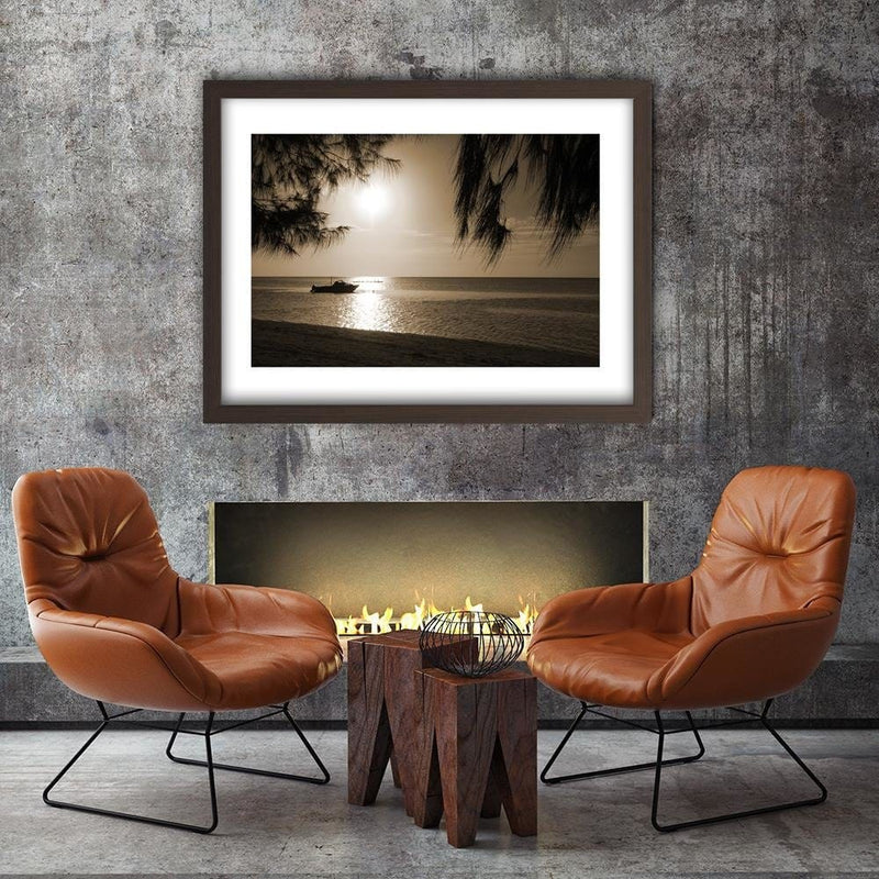 Glezna brūnā rāmī - Motor Boat On The Sea Shore 1  Home Trends DECO