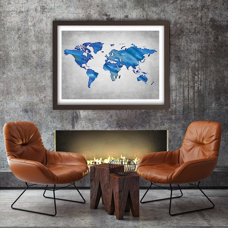 Glezna brūnā rāmī - Navy Blue Map Of The World On Concrete  Home Trends DECO