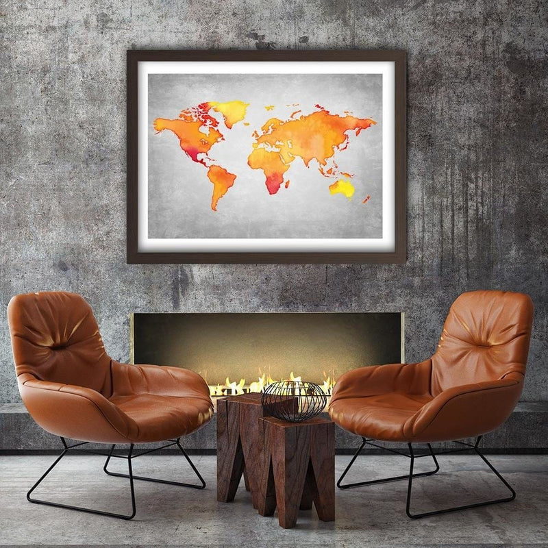 Glezna brūnā rāmī - Orange World Map  Home Trends DECO