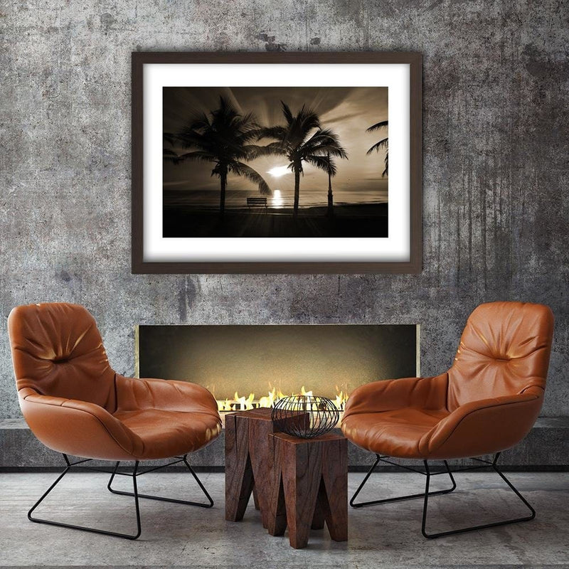 Glezna brūnā rāmī - Palm Trees And Sun Rays 1  Home Trends DECO