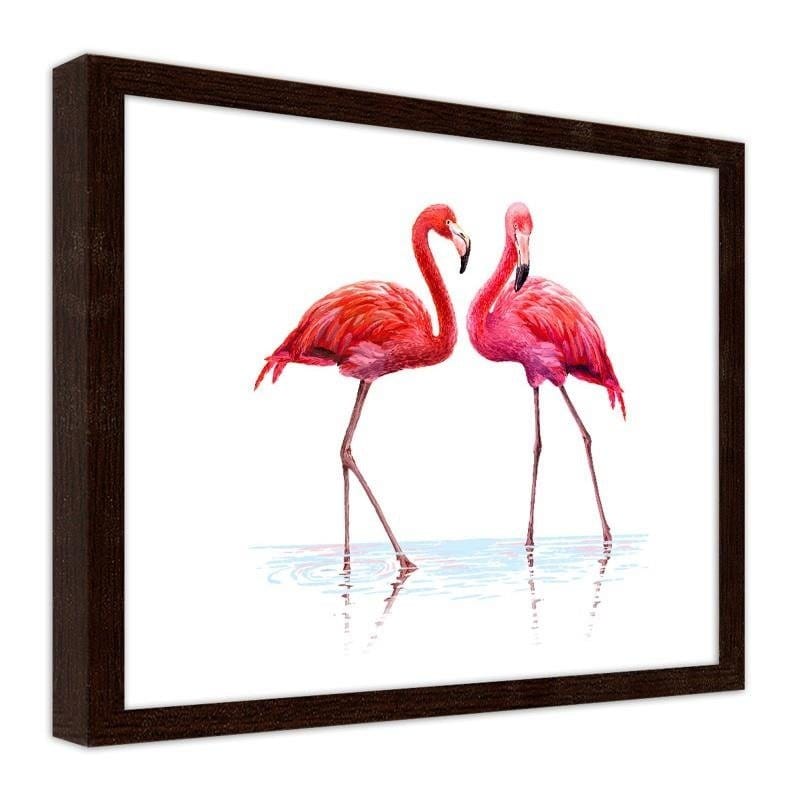 Glezna brūnā rāmī - Realistic illustration of flamingos standing in the water  Home Trends DECO