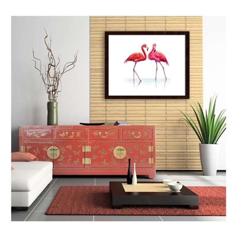 Glezna brūnā rāmī - Realistic illustration of flamingos standing in the water  Home Trends DECO