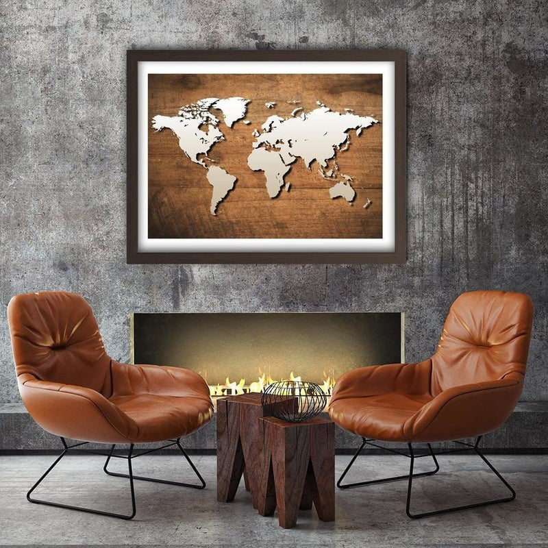 Glezna brūnā rāmī - World Map On A Wooden Board  Home Trends DECO